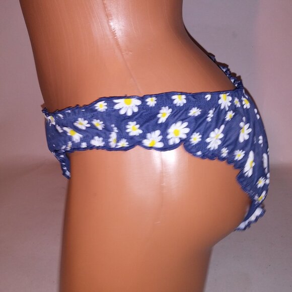 Victoria Secret PINK Swim Bikini Bottom Blue White Ruffle Cheeky Daisy Floral - Picture 4 of 6